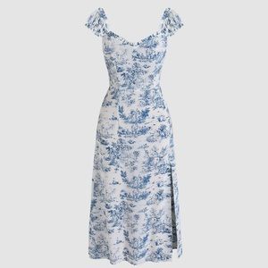 CIDER Blue Toile de Jouy Ruffle Trim Slit Midi Dress | NWOT